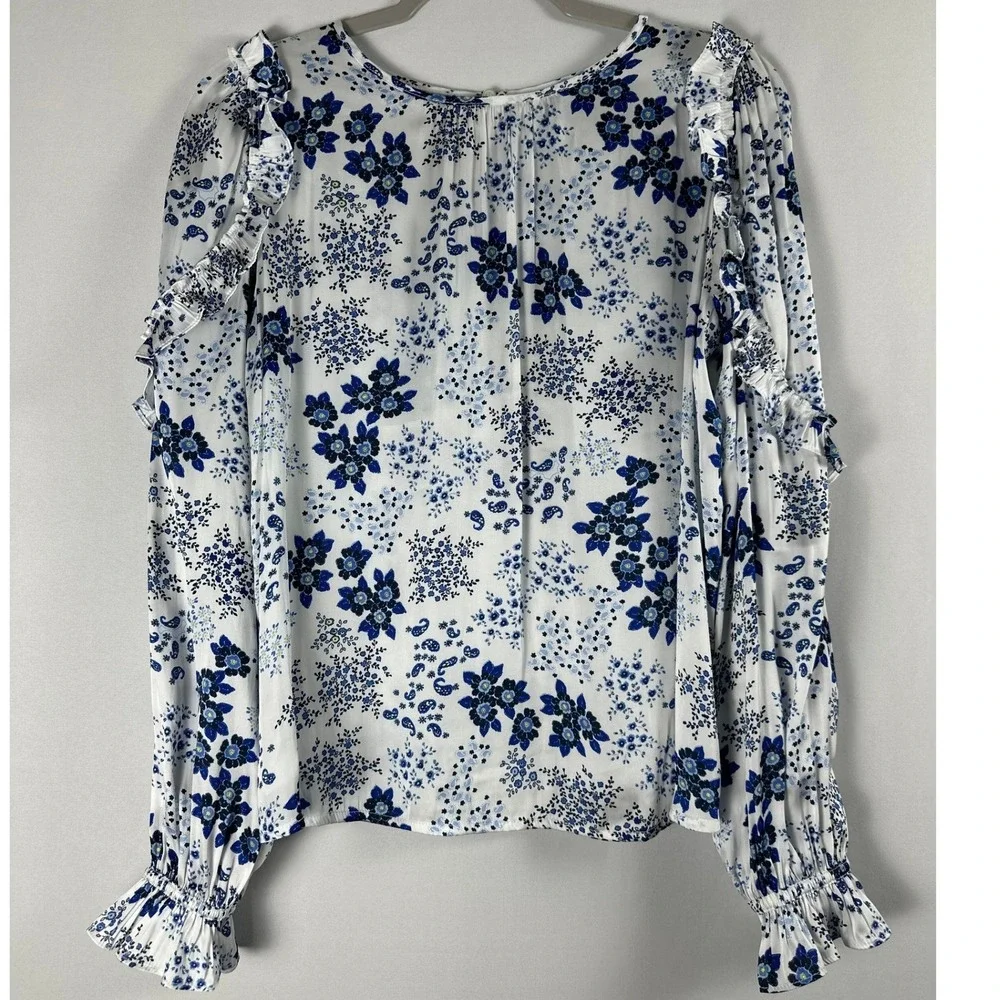 LOFT Blouse XS White Blue Floral Paisley Ruffle Long Sleeve Cottagecore Boho - Picture 1 of 8